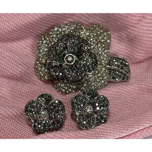Vintage Silver Tone Floral‎ Black White Rhinestone Brooch Earring Set BOHO Glam